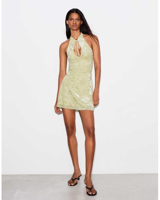 Bershka Green Flocked Tulle Halter Dress