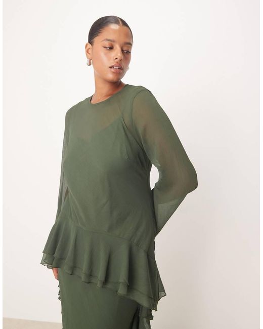 ASOS Green Asos Design Curve Long Sleeve Frill Hem Chiffon Maxi Dress
