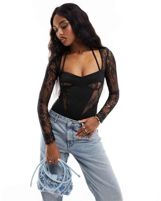 ASOS Blue Lace Insert Corset Bodysuit With Shrug Detail