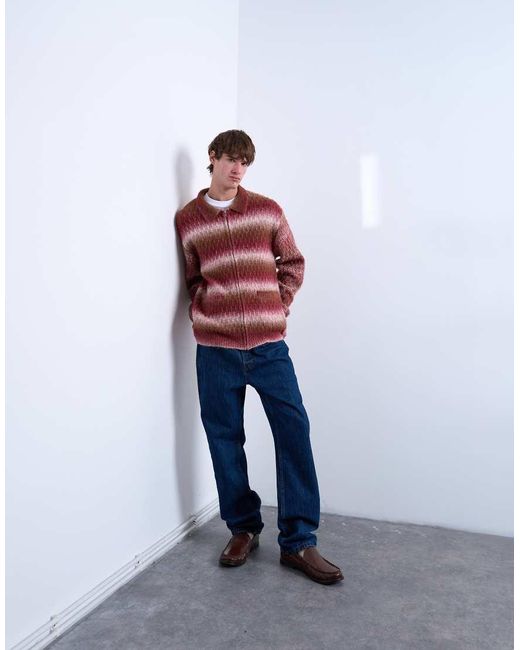 Topman Red Knitted Blend Zip Through Cardigan for men