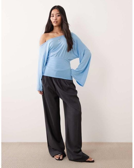 ASOS Blue Fallen Shoulder Cinched Waist Top