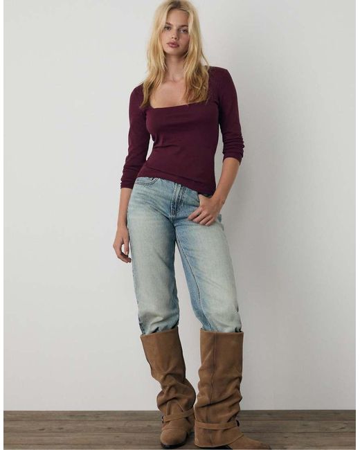 Stradivarius Brown Real Suede Slouchy Heeled Boot