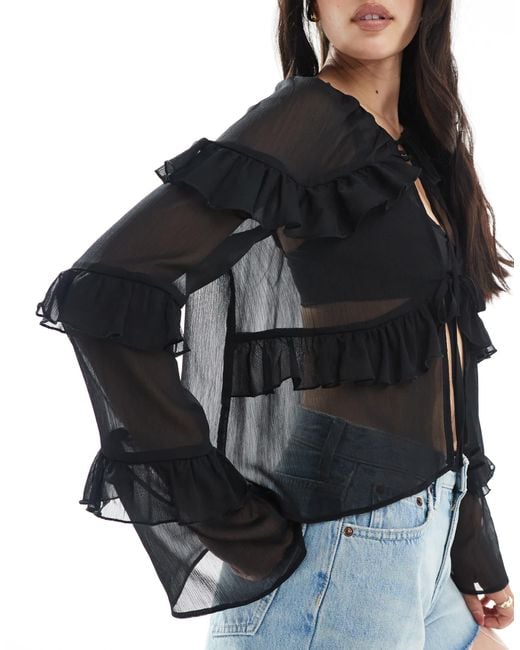 Miss Selfridge Black Tie Front Ruffle Blouse