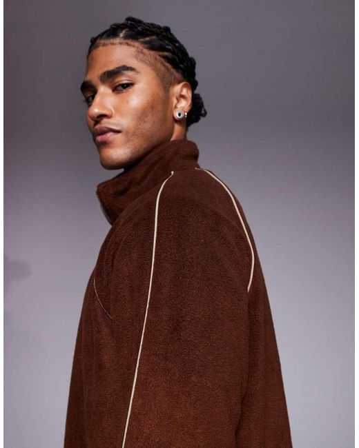 ASOS Brown Relaxed Funnel Neck Fleece Sweatshirt With Piping for men