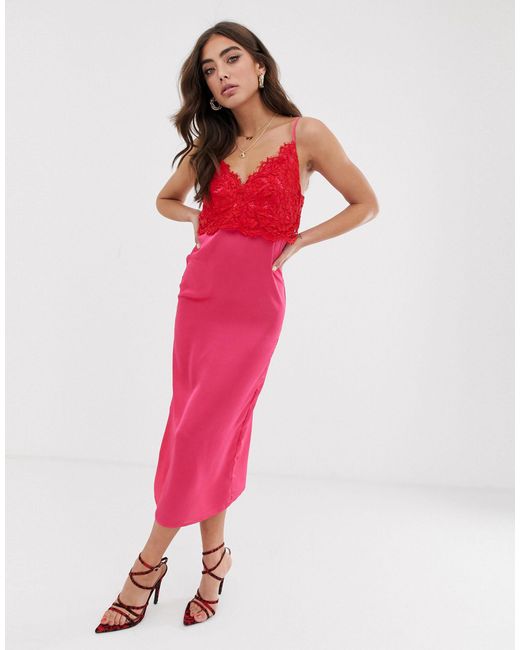 Never Fully Dressed Pink Satin Cami Dress With Lace Bust Detail