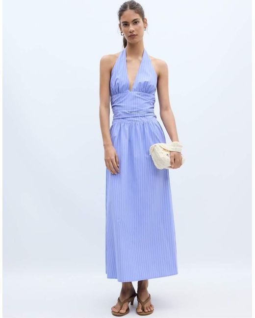 Stradivarius Blue Halter Poplin Midi Dress