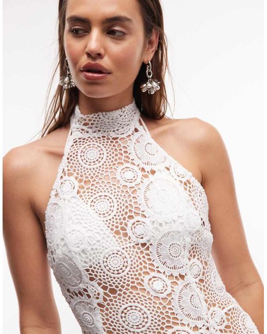 Noughts & Kisses White Sheer Crochet Halterneck Sleeveless Maxi Dress