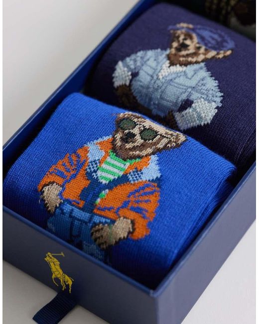 Polo Ralph Lauren Blue 3 Pack Embroidered Bear Socks Gift Set for men