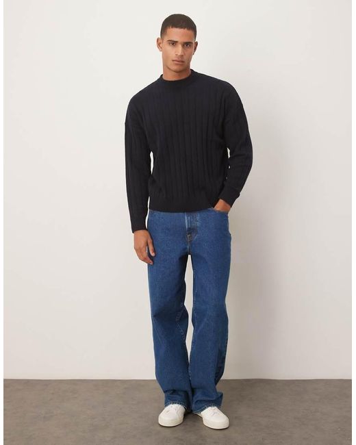 ASOS Blue Oversized Knitted Lambswool Rib Crew Neck Jumper for men