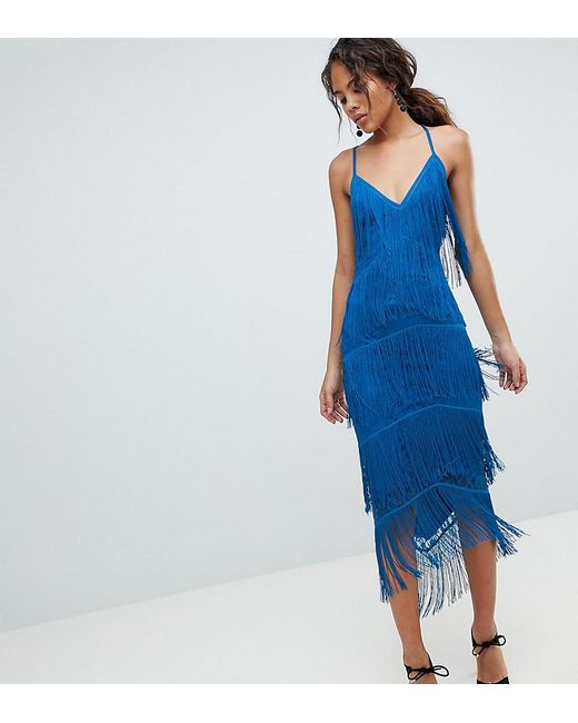 ASOS Blue Asos Design Tall Fringe & Lace Plunge Bodycon Midi Dress