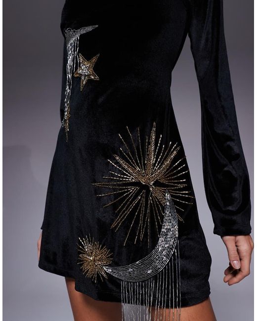 ASOS Black Super Scoop Long Sleeve Mini Dress With Aline Skirt And Celestial Embellishment