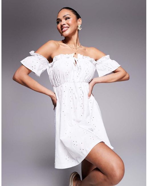 ASOS White Broderie Frill Bardot Mini Dress