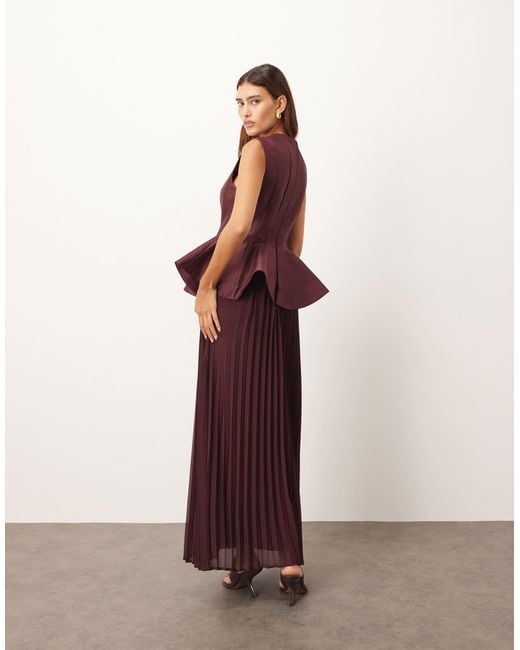 arrange maxi dress ARRANGE Structured Waisted Maxi Dress With Contrast Pleated Skirt in Purple