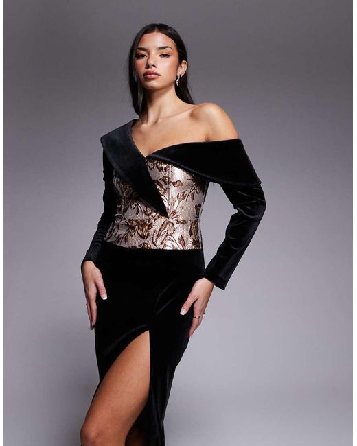 ASOS Black Velvet Midi Dress With Jacquard Corset