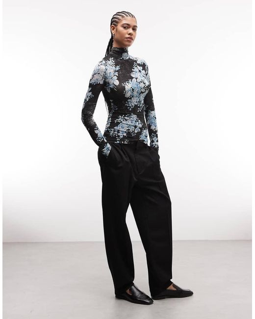 & Other Stories Black Sheer Floral Printed High Neck Top