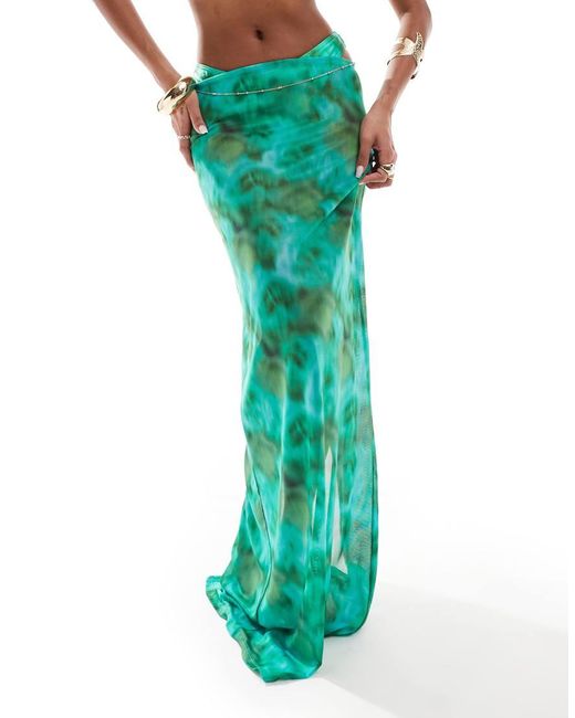 South Beach Green Abstract Print Mesh Maxi Beach Skirt