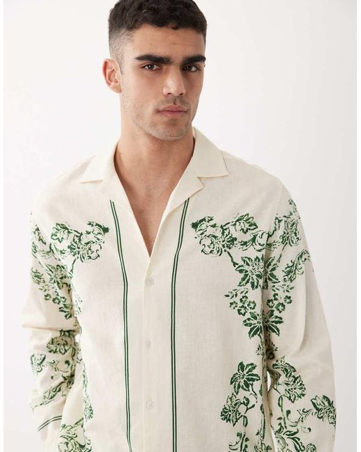 ASOS White Lien Look Relaxed Shirt With All Over Floral Print for men