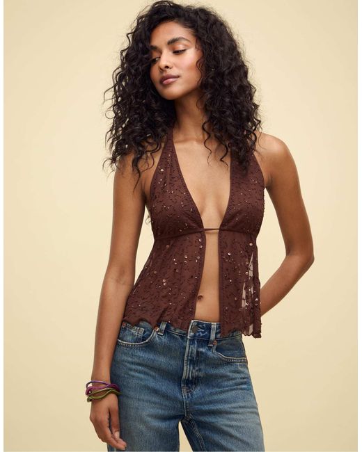 Stradivarius Blue – paillettenbesetztes neckholder-top mit strasssteinen