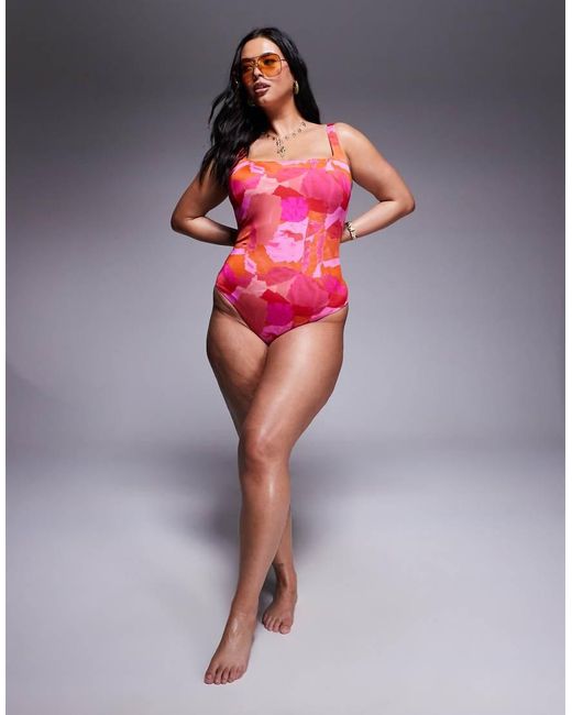 ASOS Pink Asos Design Curve Exclusive Arina Ultimate Revenge Sculpting Square Neck Swimsuit