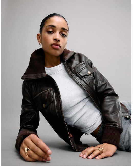 Stradivarius Gray Ribbed Leather Jacket