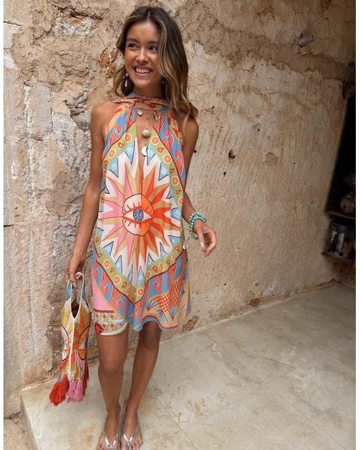 Never Fully Dressed Brown Josie High Neck V Back Chiffon Mini Dress
