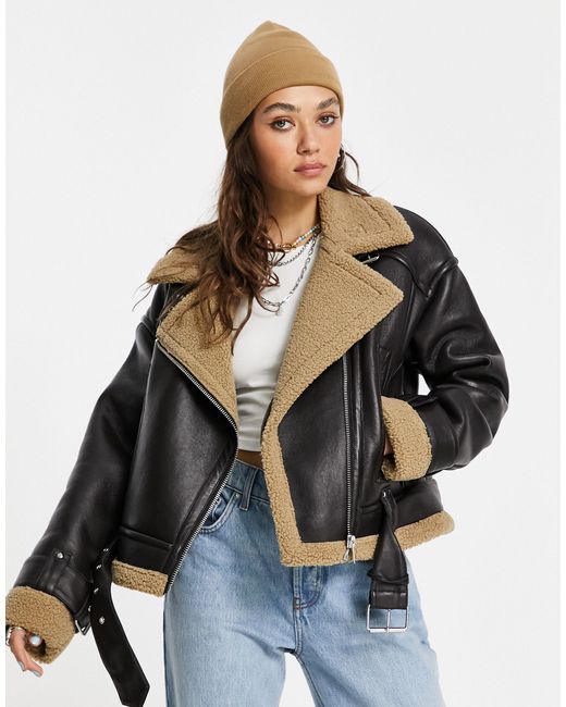 TOPSHOP Brown Faux Shearling Aviator Jacket With Borg Lining