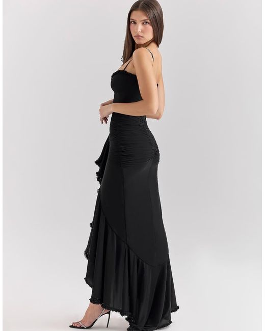 House Of Cb Black Gabbi Mesh Ruffled Front Gown