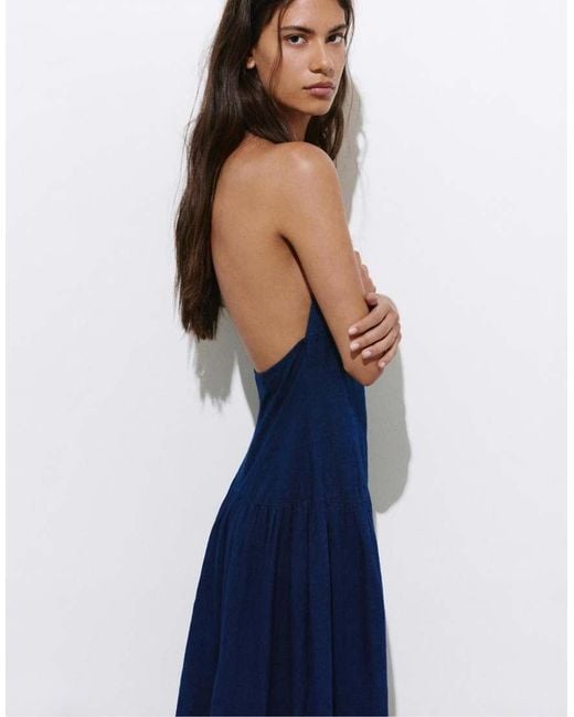 Pull&Bear Blue Long Halter Denim Dress