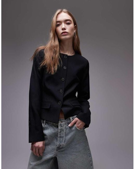 TOPSHOP Gray Round Neck Collarless Blazer