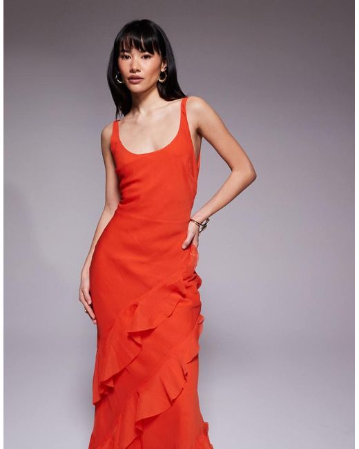 ASOS Red Asos Design Petite Scoop Neck Maxi Dress With Ruffle Skirt And Cut Out Back