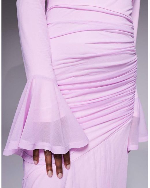 ASOS Purple Stretch Chiffon Ruched Draped Waist Maxi Dress With Fluted Sleeve