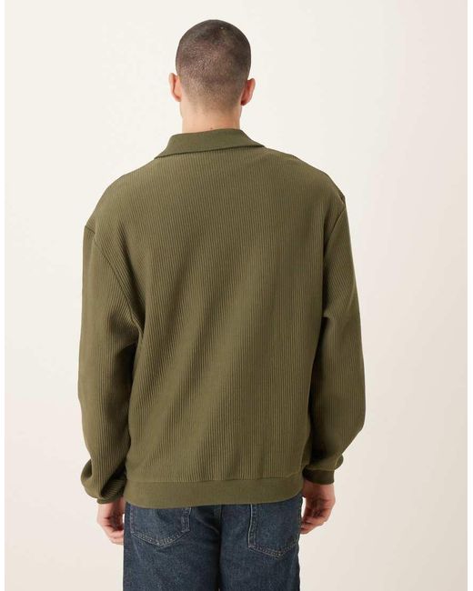 ASOS Green Relaxed Fit Notch Polo Neck Ribbed Sweatshirt With Chest Print for men
