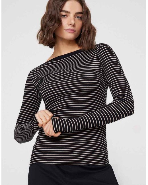 Tezenis Black Top Long Sleeve Boat Ribbed Cot.Rigata