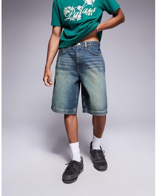ASOS Blue Long Length Pleated Denim Jort With Tint for men