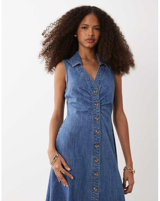 New Look Blue Sleeveless Ruched Denim Midi Dress