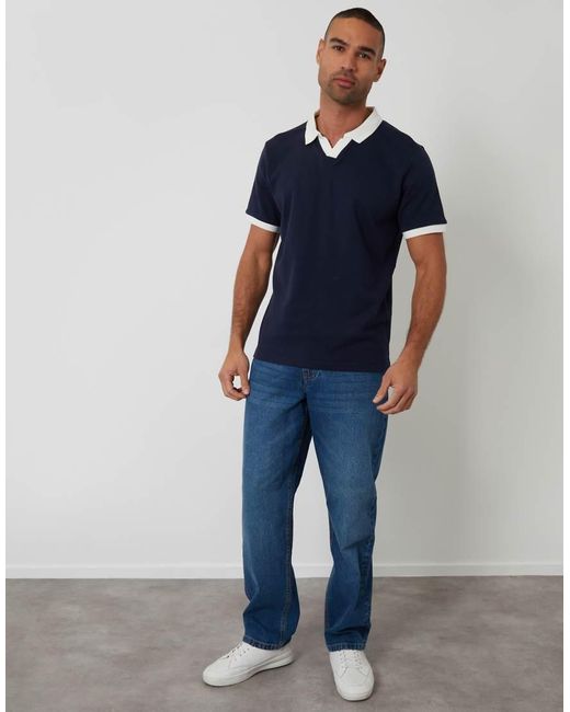 Threadbare Blue Trophy Neck Waffle Polo Shirt for men