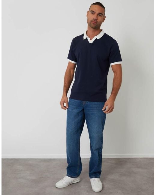 Threadbare Blue Trophy Neck Waffle Polo Shirt for men
