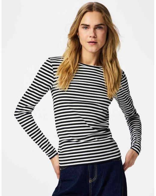 Pieces Blue Laya Striped Jersey Crew Neck Long Sleeve Stretch Blouse