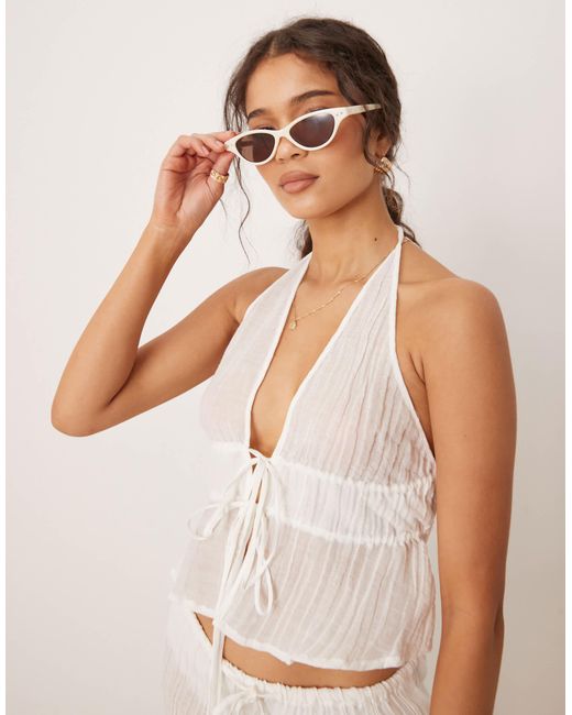 Mango White Crinkle Tie Front Halter Top Co-ord