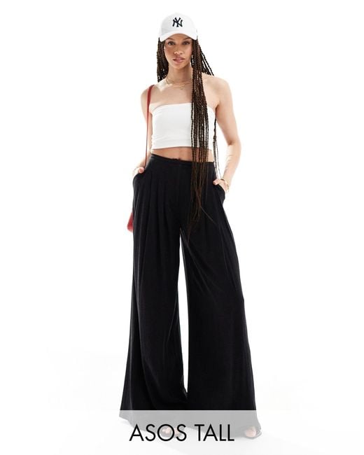 ASOS White Tall Pleated Palazzo Wide Leg Pants With Linen