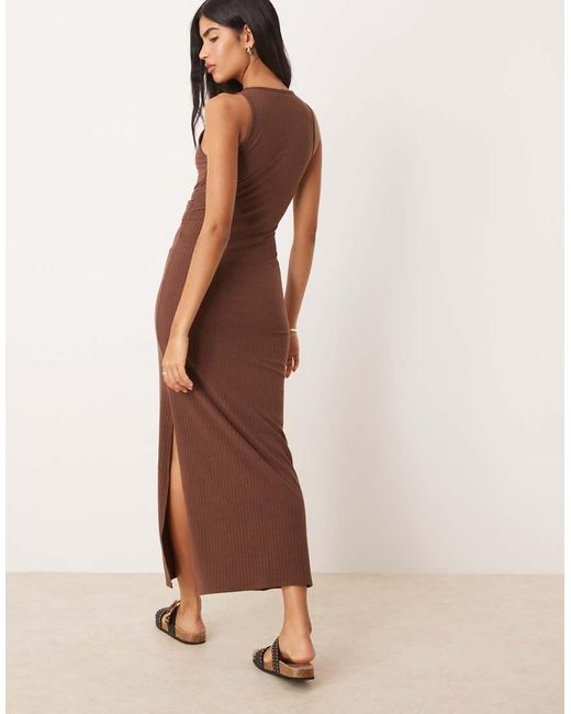 ASOS Natural Ribbed Sleeveless Racer Knot Waist Midi Dress