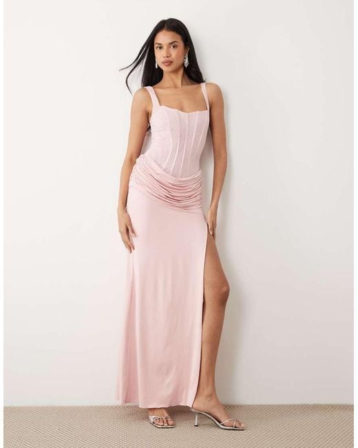 Oh Polly Pink Premium Square Neck Drape Waist Detail Maxi Dress