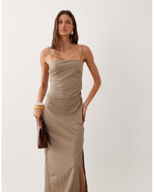 Mango Natural Square Neck Split Hem Midi Dress