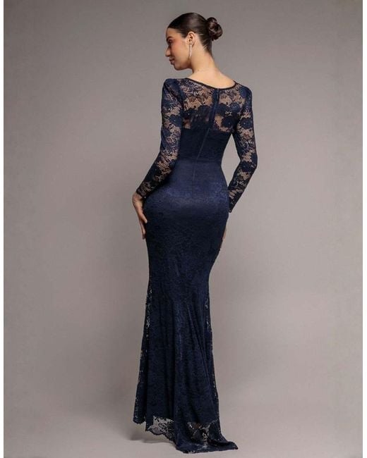 Goddiva Blue Fit & Flare Scallop Lace V Neck Maxi Dress