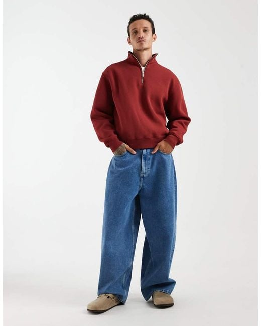 ASOS Red Boxy Oversized Quarter Zip Sweatshirt for men