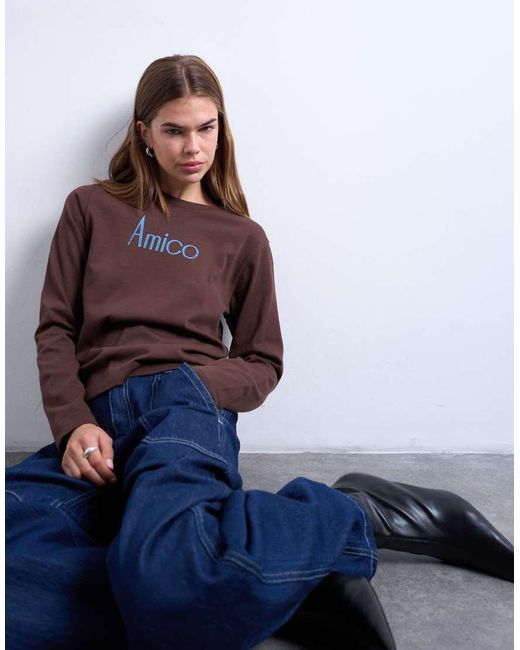 TOPSHOP Recht T-Shirt Met Lange Mouwen En Grafische Amico-Print in het Blue