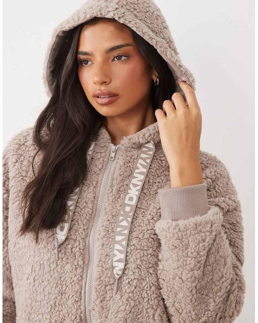 DKNY Natural Sherpa Long Sleeve Hooded Zip Robe