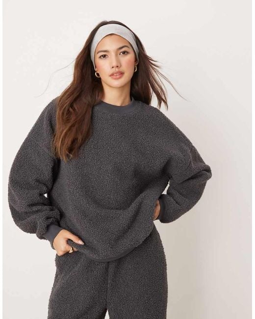 ASOS Natural Lounge Borg Sweat & Wide Leg Trouser Set