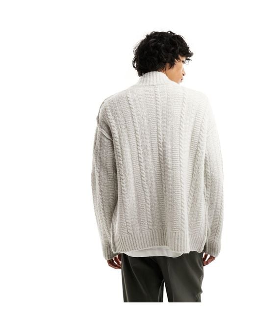 Weekday White Mattias Wool Blend Zip Through Cable Knit Cardigan for men