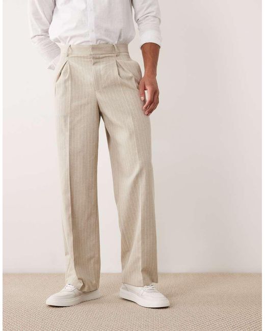 ASOS Natural Linen Mix Smart Pleated Wide Leg Pants for men